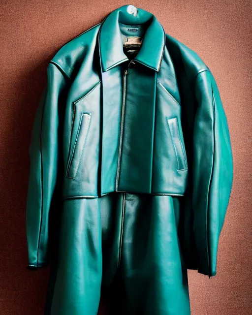 Prompt: an award - winning photo of a teal cropped extremely baggy ancient medieval designer menswear leather jacket with an oversized large collar and baggy bootcut trousers designed by alexander mcqueen, 4 k, studio lighting, wide angle lens