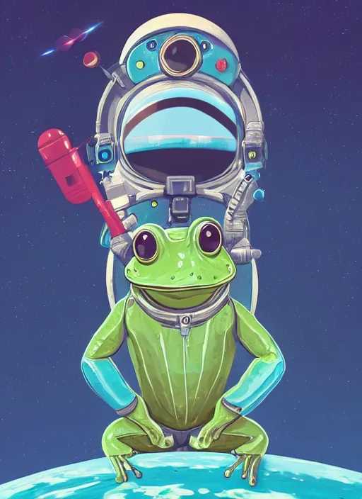 Image similar to a frog 🐸 as a astronaut standing top of the earth 🌎, au naturel, hyper detailed, digital art, trending in artstation, cinematic lighting, studio quality, smooth render, unreal engine 5 rendered, octane rendered, art style by kurzgesagt and nixeu and ian sprigger and wlop and krenz cushart