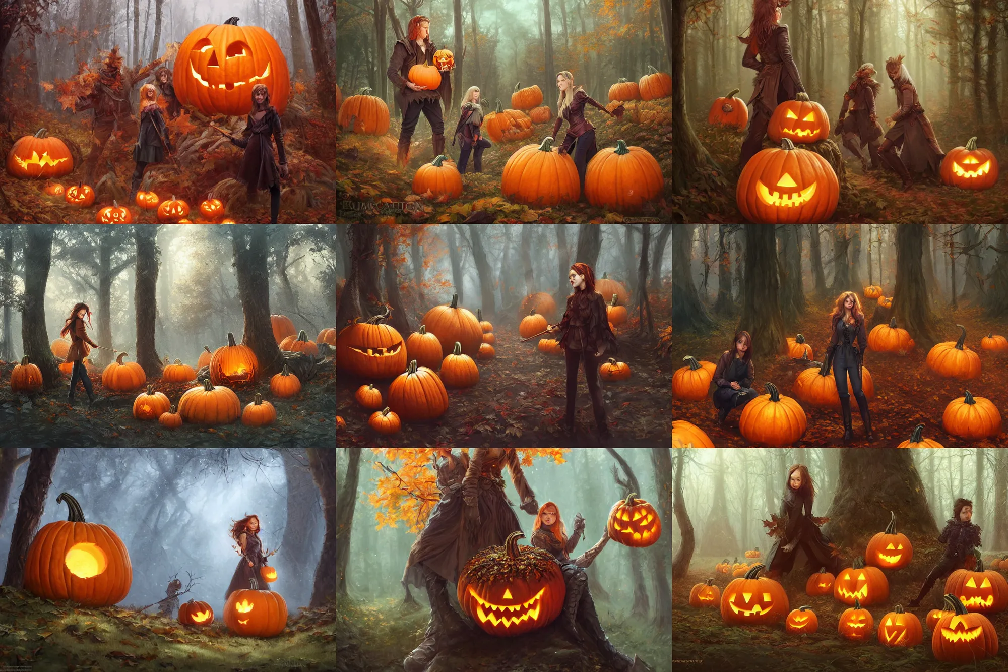 Prompt: pumpkins in the autumnal forest, d & d, fantasy, portrait, highly detailed, digital painting, trending on artstation, concept art, sharp focus, illustration, art by artgerm and greg rutkowski and magali villeneuve