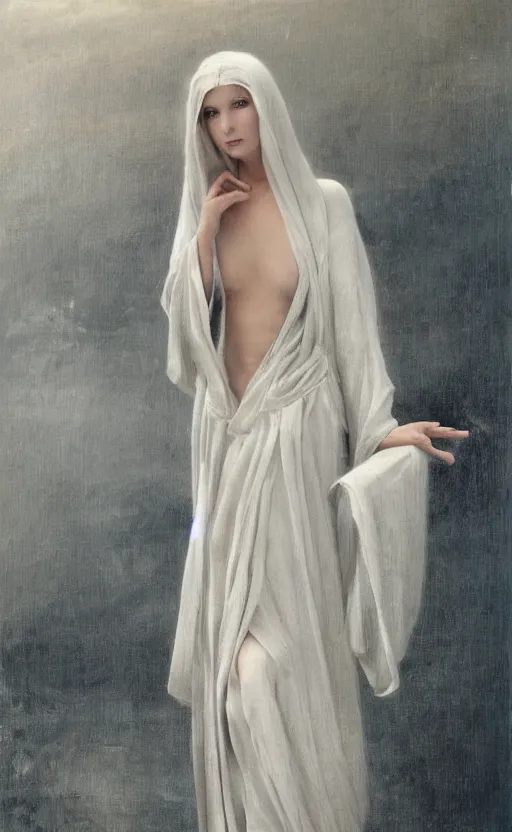 Image similar to thin angel with silver hair so pale and wan!, thin!, flowing robes, covered in robes, lone pale wan fair skinned goddess, wearing robes of silver, flowing, pale skin, young cute face, covered!!, clothed!! oil on canvas, style of lucien levy - dhurmer and jean deville, 4 k resolution, aesthetic!, mystery