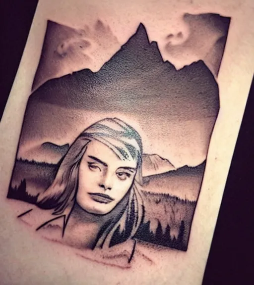 Prompt: creative double exposure effect tattoo design sketch of margot and beautiful mountains and nature, margot robbie and mountain scenery, realism tattoo, in the style of matteo pasqualin, amazing detail, sharp