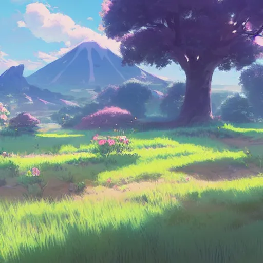 Image similar to pastel landscape of an anime field. clean sharp digital art, environment concept art, by rossdraws, ghibli, breath of the wild, greg rutkowski