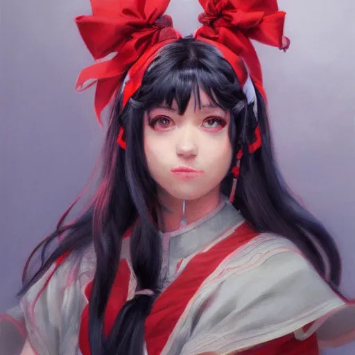 Prompt: Reimu Hakurei portrait art by Donato Giancola and Bayard Wu, digital art, trending on artstation, 4k