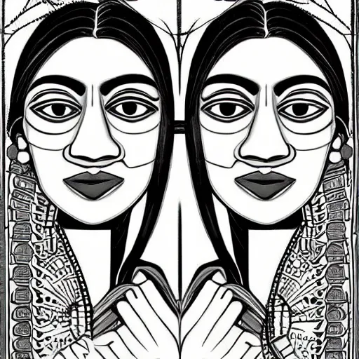 Image similar to perfectly centered symmetrical split male and female portrait of young indian man and woman in love sharing one heart. illustration, highly detailed, simple, no jagged lines, smooth, artstation, artwork by frank lloyd wright