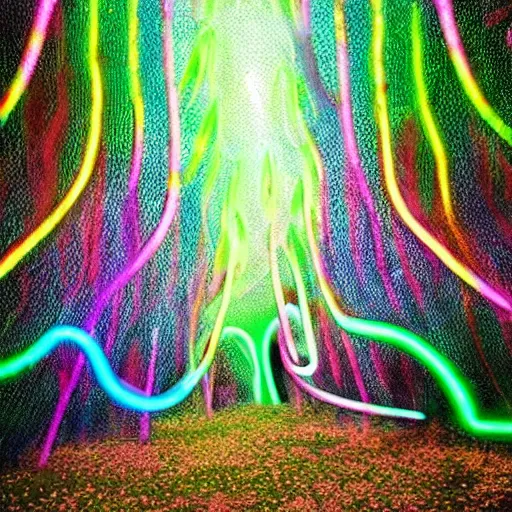 Prompt: ah yes, this hallucinatory neon drip. so subliminally false do these messages ring through the silken air, the volumetric experience of the sublime; whose foggy afternoon snake wisps through like a mist in the tendrils of this willow forest. a single dot at the center expands, unfurling, until all is revealed.