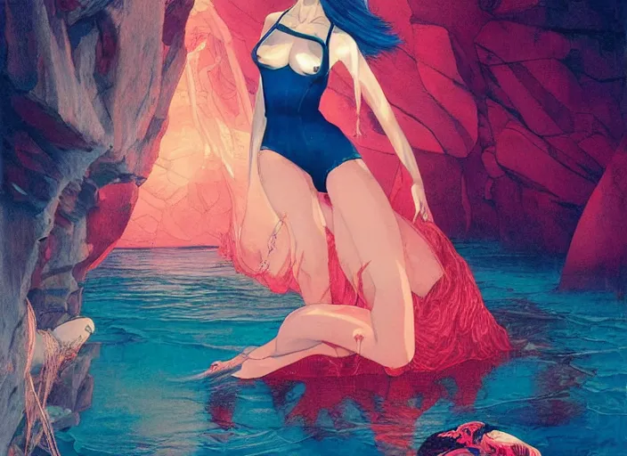 Prompt: lee jin - eun emerging from pink water in cyberpunk theme during a blood moon by the edge of a royal blue antelope canyon by conrad roset, nicola samuri, dino valls, m. w. kaluta, rule of thirds, seductive look, beautiful