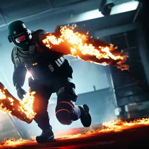 Image similar to Montagne from Rainbow Six Siege standing on a hoverboard leaving behind a trail of flames and explosions