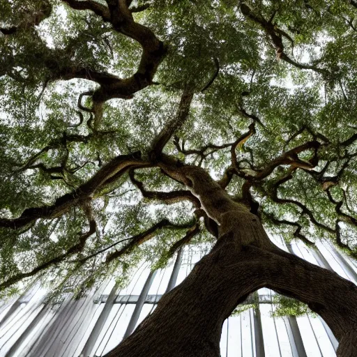 Image similar to an oak tree growing in an atrium, natural light, photo, 4 k