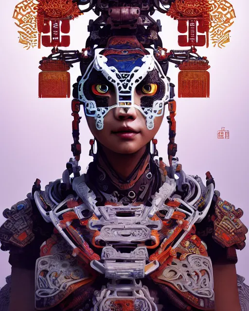 Image similar to portrait of a machine from horizon zero dawn, machine face, upper body, decorated with chinese opera motifs, asian, traditional chinese art, intricate, elegant, highly detailed, digital painting, artstation, concept art, smooth, sharp focus, illustration, art by artgerm and greg rutkowski and alphonse mucha, 8 k