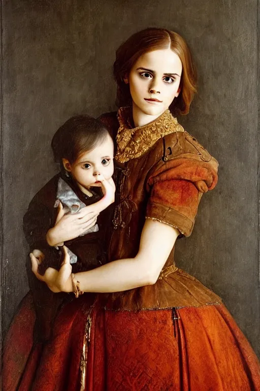 Image similar to stunning adorable portrait of emma watson, oil painting by jan van eyck and diego velazquez, oil on canvas, wet - on - wet technique, realistic, expressive emotions, detailed textures, illusionistic detail