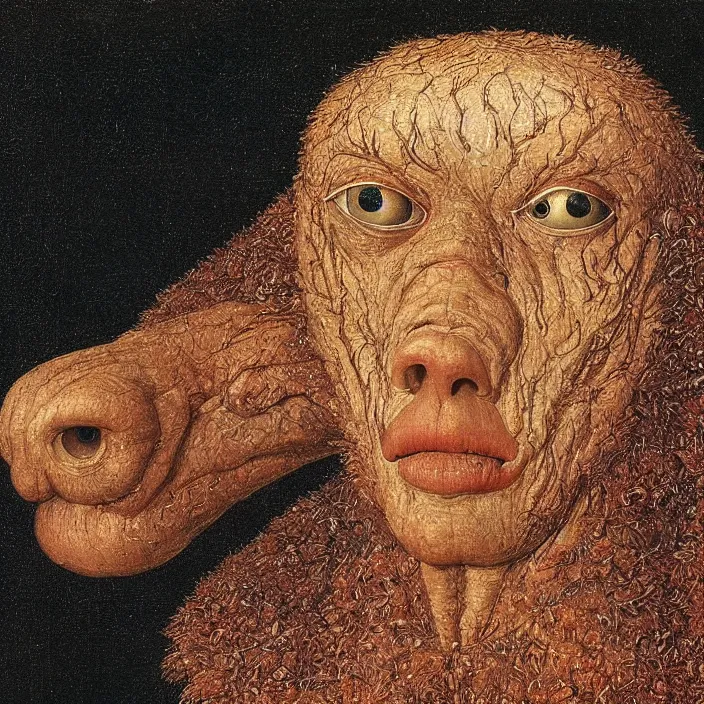 Image similar to close up portrait of a mutant monster creature with crystal eyes, small open pinky lips, fractal long eyelashes, cloth, needles. jan van eyck, audubon