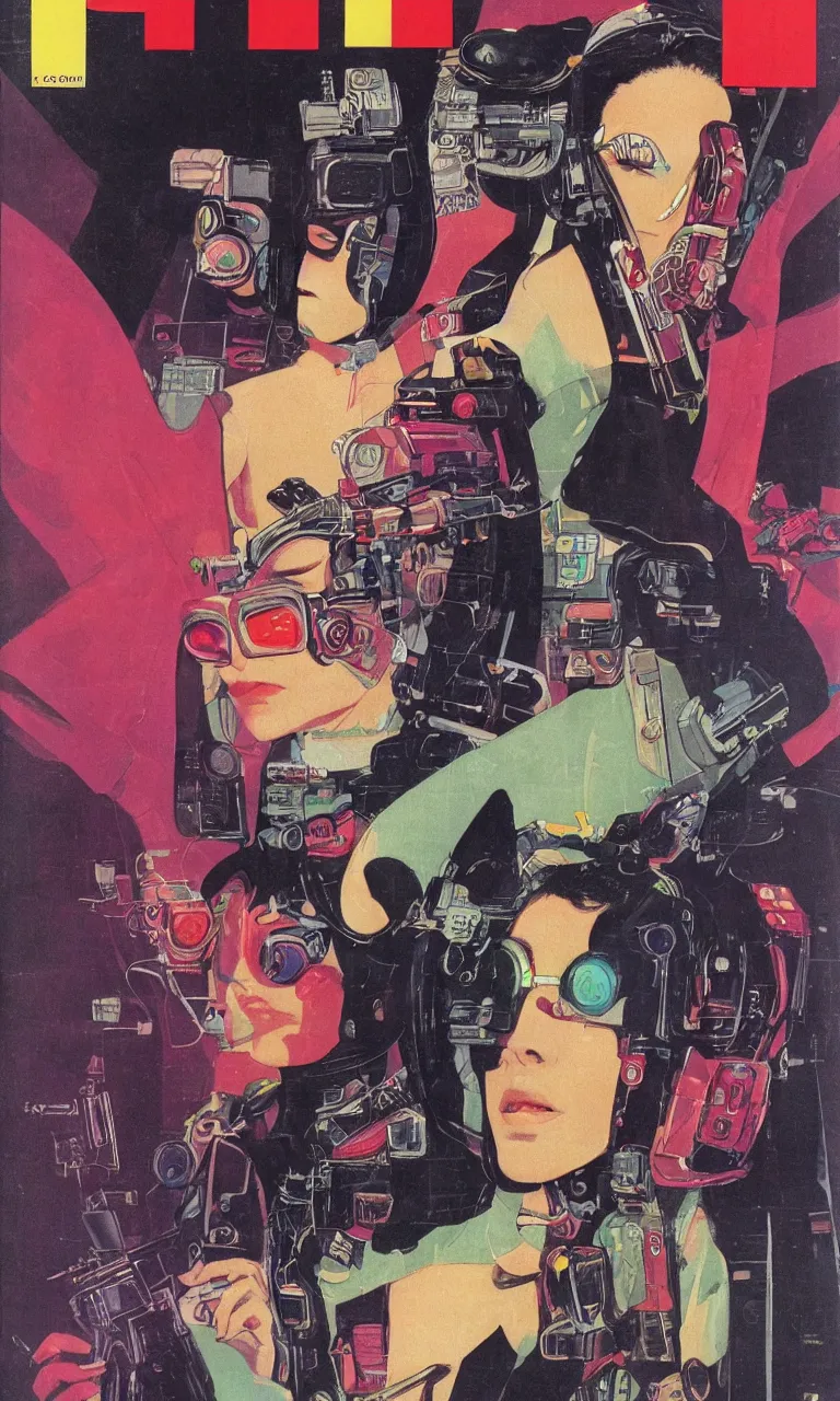 Prompt: 1979 OMNI Magazine Cover depicting a portrait of a Beautiful woman wearing a Gucci kimono and AR goggles, Cyberpunk Akira style by Vincent Di Fate