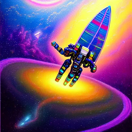 Image similar to cool bismuth mech spaceman surfing the milkyway, isometric scifi astral spirit space journey in oil painting, pulled into the spiral vortex, trending on artstation, award winning, emotional, highly detailed ethereal isometric surrealist art