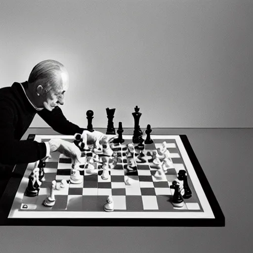 Prompt: close-up portrait of Marcel Duchamp playing chess against a minimal machine, long exposure, minimal composition, packshot, archival pigment print