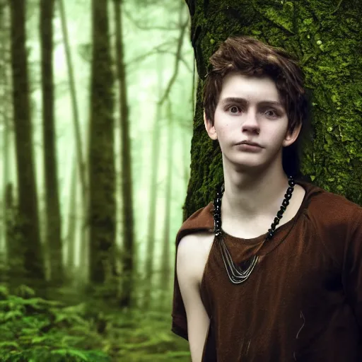 Prompt: a teenage boy, around 1 9 years old with necklace, natural brown hair, loincloth, pale skin, detailed face. crying in ominous and eerie looking forest. natural colors. realistic photo.