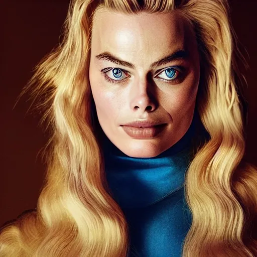 Image similar to face photo of margot robbie as super saiyan powering up long hair wearing hoodie by annie leibovitz