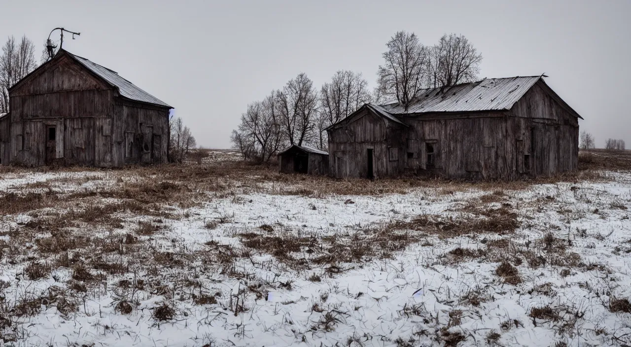 Prompt: russian house, farm, abandoned, lifeless, winter, mud, atmospheric, mystical, very detailed 4 k