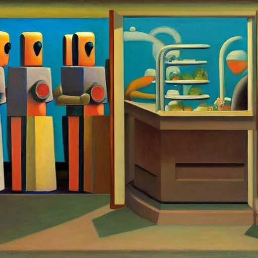Image similar to robots queue up for ice cream, grant wood, pj crook, ( ( ( edward hopper ) ) ), oil on canvas