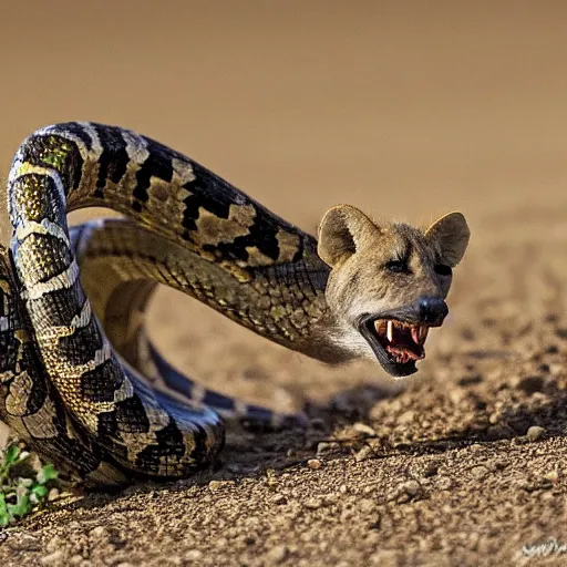 Image similar to award - winning nature photography of a snake preparing to attack a hyena