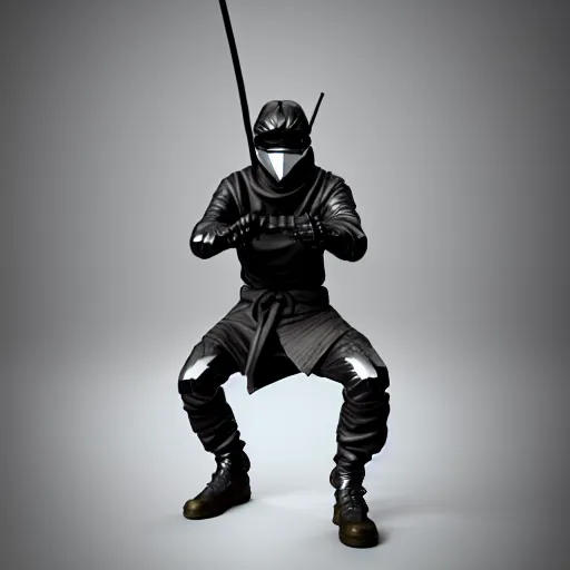 Image similar to 3 d octane rendering, chrome statue of ninja wearing full face mask and hunter hat, vfx art, smooth, pinterest, unreal engine, behance, technological, octane render, all chrome