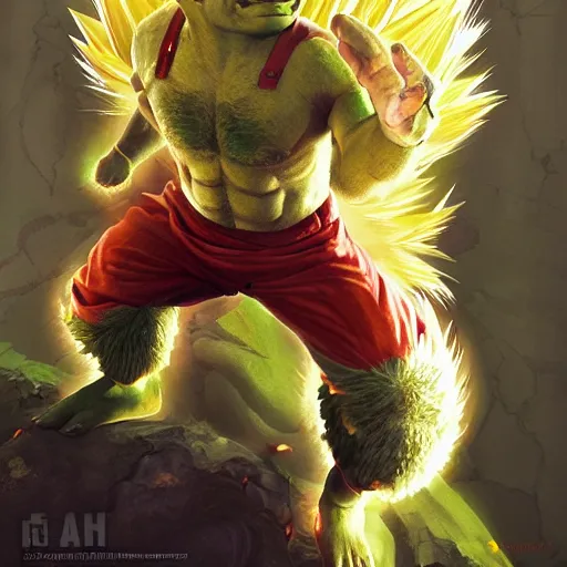 Prompt: super saiyan trevor philips as shrek the hedgehog, highly detailed, digital painting, artstation, concept art, smooth, sharp focus, illustration, art by artgerm and greg rutkowski and alphonse mucha