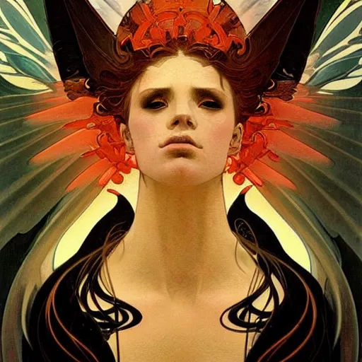 Image similar to a beautiful portrait of a beautiful! angel in black flames!! by ross tran!!! and alphonse mucha and greg rutkowski! and gustav dore! and zdzisław beksinski!, in style of digital art illustration. symmetry. highly detailed face. fantasy, smooth, hyper detailed, sharp focus, soft light. trending on artstation. 4 k