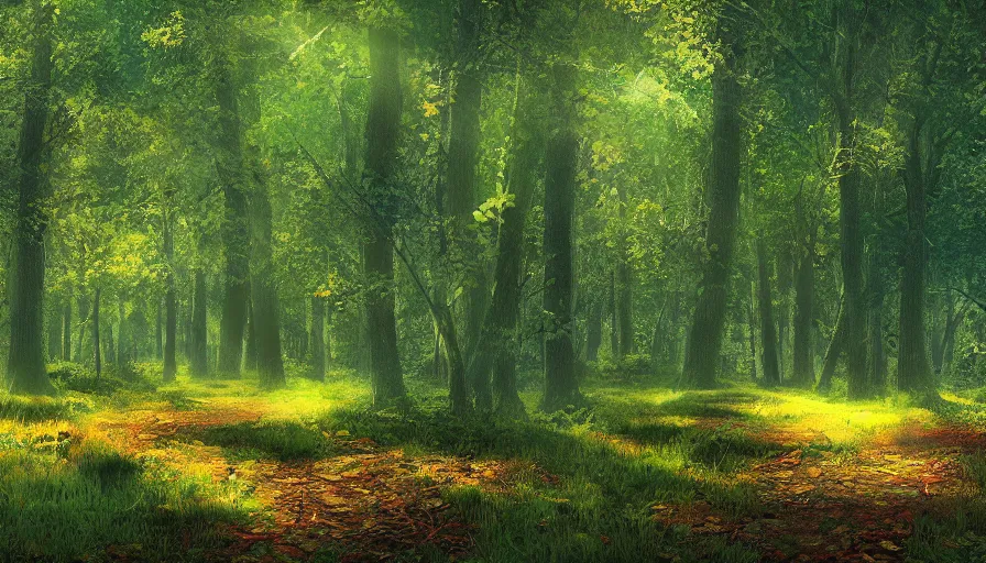 Image similar to a clearing in a forest, digital art, highly detailed, realistic, bright colors, 8 k