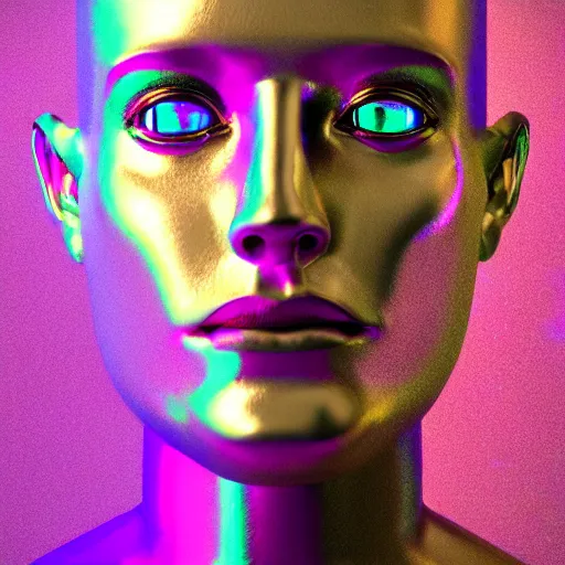 Image similar to 3d render of holographic human robotic head made of glossy iridescent, surrealistic 3d illustration of a human face non-binary, non binary model, 3d model human, cryengine, made of holographic texture, holographic material, holographic rainbow, concept of cyborg and artificial intelligence