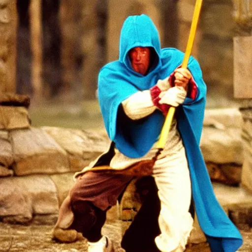 Prompt: medieval man with a light blue hood fighting a flying skeleton witch, 1 9 9 1, movie still