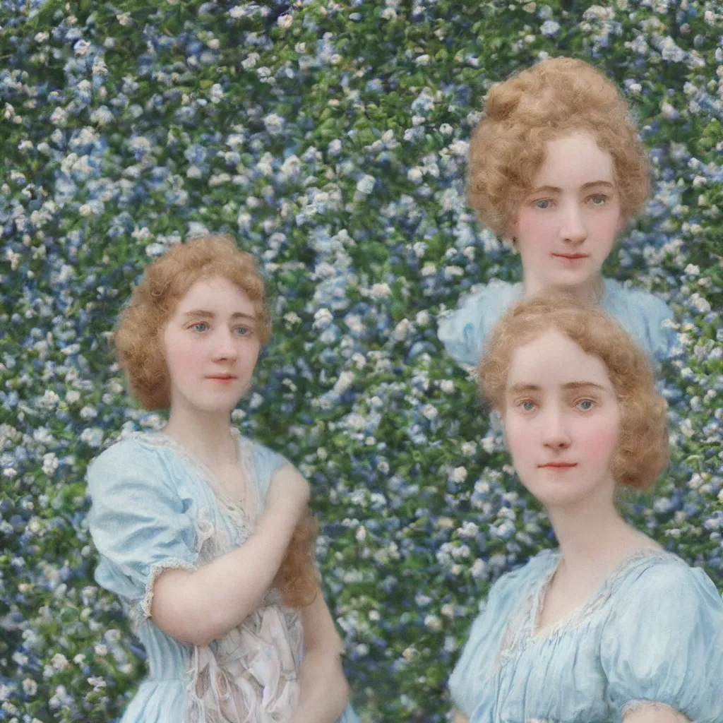 Image similar to portrait of a young lady in a light blue dress 1 9 0 0 s one entire head shown in great detail, she doesn't have a face, in a beautiful garden, looking at the camera, full body in camera, blonde hair, garden, photorealistic, extreme detail, sharp focus, 8 k, intricate, hyper detailed, realistic, cinematic lighting