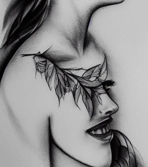 Image similar to tattoo design sketch of a beautiful blue - eyed woman face with a faded background of beautiful mountains and nature on her side, hyper - realistic, in the style of den yakovlev, amazing detail, black and white