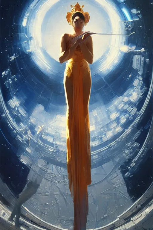 Prompt: space, buddhism, taoism, futurism, painting by greg rutkowski, j. c. leyendecker, artgerm