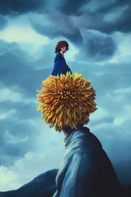 Image similar to closeup girl with giant dahlia flower as head, standing on mountain, surreal photography, blue storm clouds, dramatic light, impressionist painting, digital painting, artstation, simon stalenhag