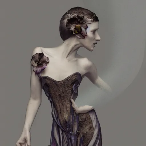 Image similar to long shot kodak portra 4 0 0, 8 k, volumetric lighting, highly detailed, britt marling style 3 / 4 fine art portrait photography in style of paolo roversi, orchid, orchid flower human hybrid, 3 d render 1 5 0 mm lens, art nouveau fashion royal details, elegant hyperrealistic ultra detailed, 8 k