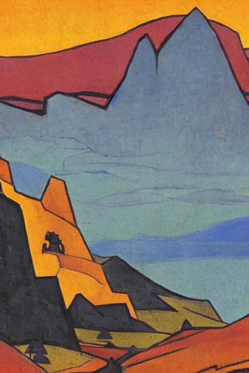 Image similar to thor holding the hammer, stay on mountain, marvel, artwork by nicholas roerich,