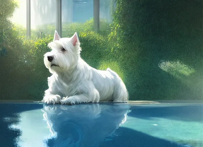 Image similar to short - haired west highland white terrier sitting by a pool, bright, reflections, intricate, sharp focus, lens flare, bloom, illustration, highly detailed, digital painting, concept art, matte, art by ruan jia and wlop and greg rutkowski, masterpiece