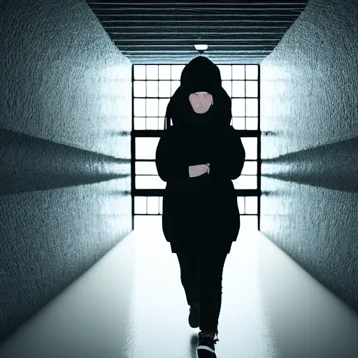 Image similar to woman holding shotgun runs down hallway, wearing black beanie and black bomber jacket, in an underground lab, MC Escher style architecture, sterile, unknown location, light and shadows, fire, bullet shells flying, 4k, cinematic, unreal engine