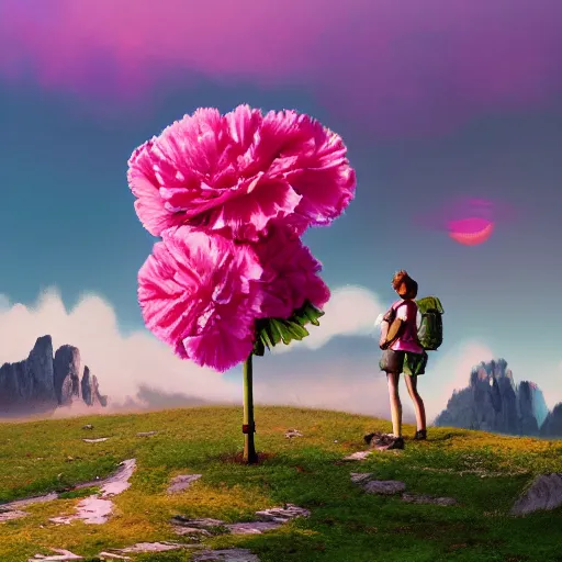 Image similar to giant carnation flower as a head, girl hiking in the dolomites, surreal photography, sunrise, dramatic light, impressionist painting, colorful clouds, digital painting, artstation, simon stalenhag