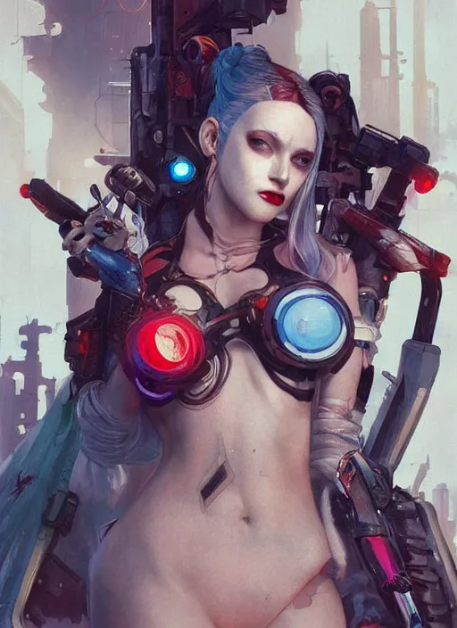 Image similar to a beautiful illustration of cyberpunk harley quinn with pointy ears, intricate, sharp focus, illustration, highly detailed, digital painting, concept art, matte, art by wlop and artgerm and greg rutkowski and alphonse mucha, masterpiece