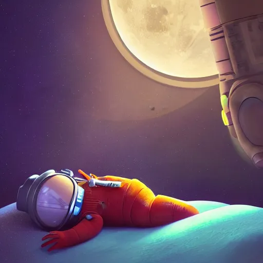 Prompt: astronaut sleeping in bed on moon, bioluminescence, vegetation, colorful, rim light, highly detailed, tilt shift, digital painting, concept art, smooth, sharp focus, pleasing aesthetics, 3 d render, octane render, disney pixar, 4 k