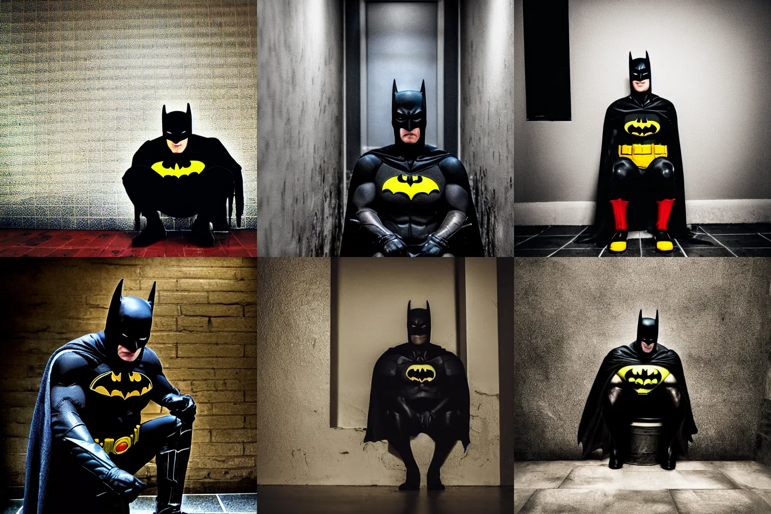 Prompt: close shot photo of batman sitting in a grim toilet, dirty tiles in the wall, dramatic lights, dark colours