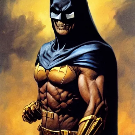 Image similar to ultra realistic portrait painting of skeletor as batman, art by frank frazetta, 4 k, ultra realistic, highly detailed, epic lighting