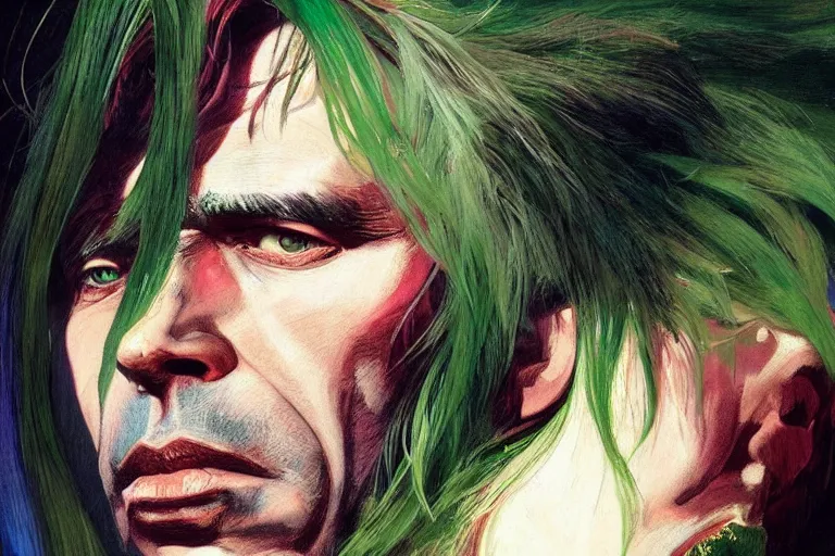 Prompt: a portrait of nick cave with green hair, masterpiece, dramatic lighting, stunning painting by jakub rebelka