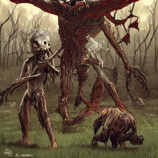 Image similar to sci - fi, hunters of monsters walking in a meat and bone forest, art by oscar chichoni