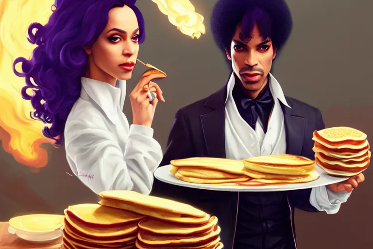 Image similar to portrait of the artist formally known as prince with a plate of pancakes, casino on fire los vegas, charlie bowater, artgerm, ilya kuvshinov, krenz cushart, ruan jia, realism, ultra detailed, 8 k resolution