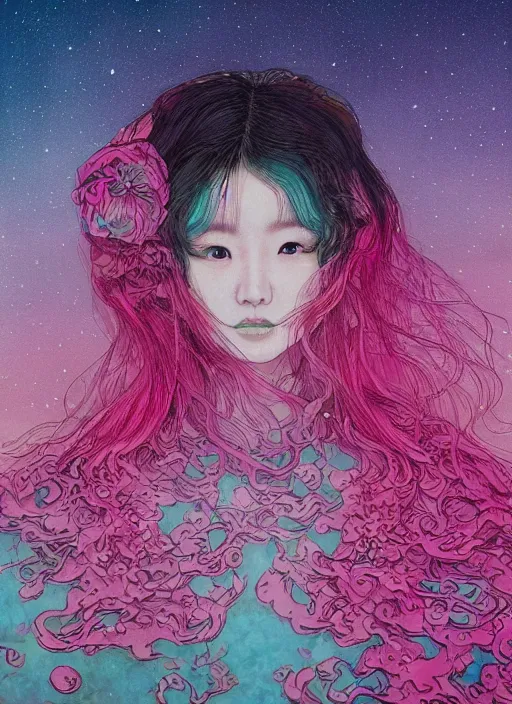 Prompt: lee jin - eun in luxurious flowery dress emerging from pink and turquoise water in salar de uyuni with the ground reflecting the aurora borealis by takato yamamoto, james jean, conrad roset, ruan jia, martine johanna, rule of thirds, elegant look, beautiful, chic, face anatomy, cute complexion