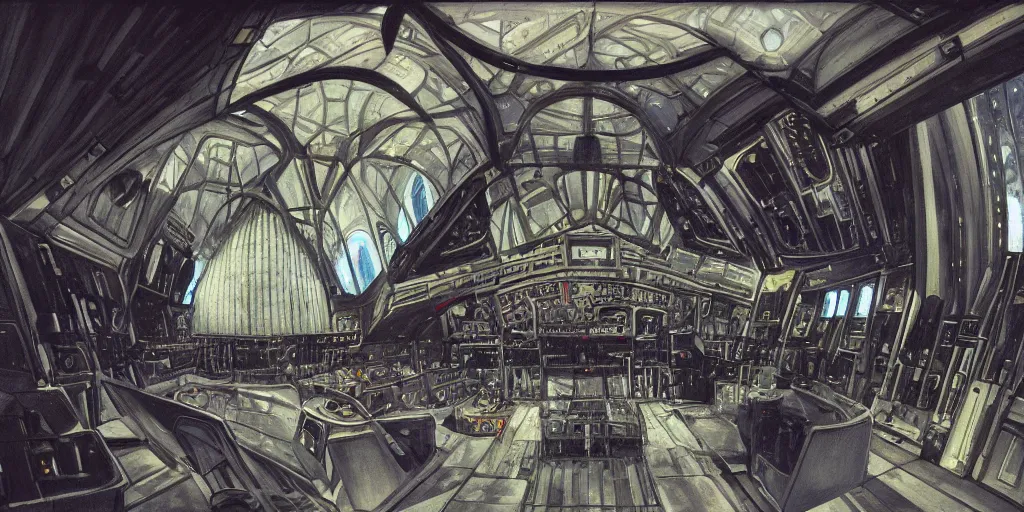 Prompt: interior, wide angle, cockpit of an futuristic gothic church spaceship, art jacek malczewski