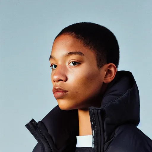 Prompt: realistic photoshooting for a new nike lookbook color film photography close up portrait of a beautiful woman model, model wears a puffer jacket, photo in style of tyler mitchell, ssense