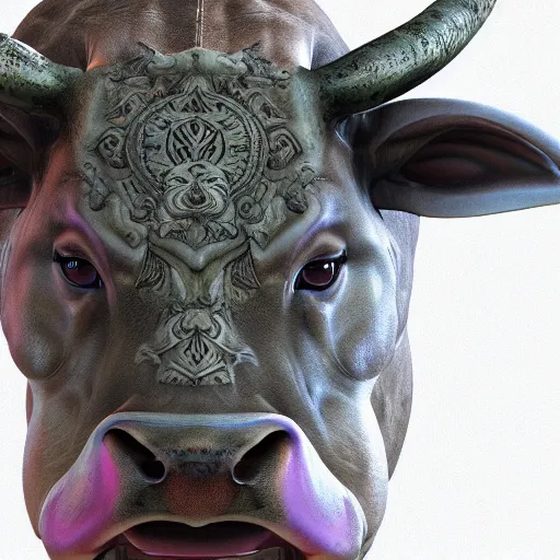 Image similar to Photorealistic bull as astrological Taurus zodiac humanoid creature. Hyperdetailed photorealism, 108 megapixels, artstation concept art, beautiful colors, in 8k resolution, sharp focus, awe inspiring