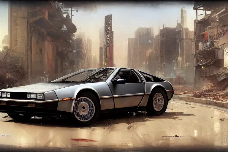 Image similar to photograph of the delorean, with a sleek spoiler, driving down the streets of a cyberpunk abandoned city, by greg rutkowski, by stanley artgerm, by alphonse mucha